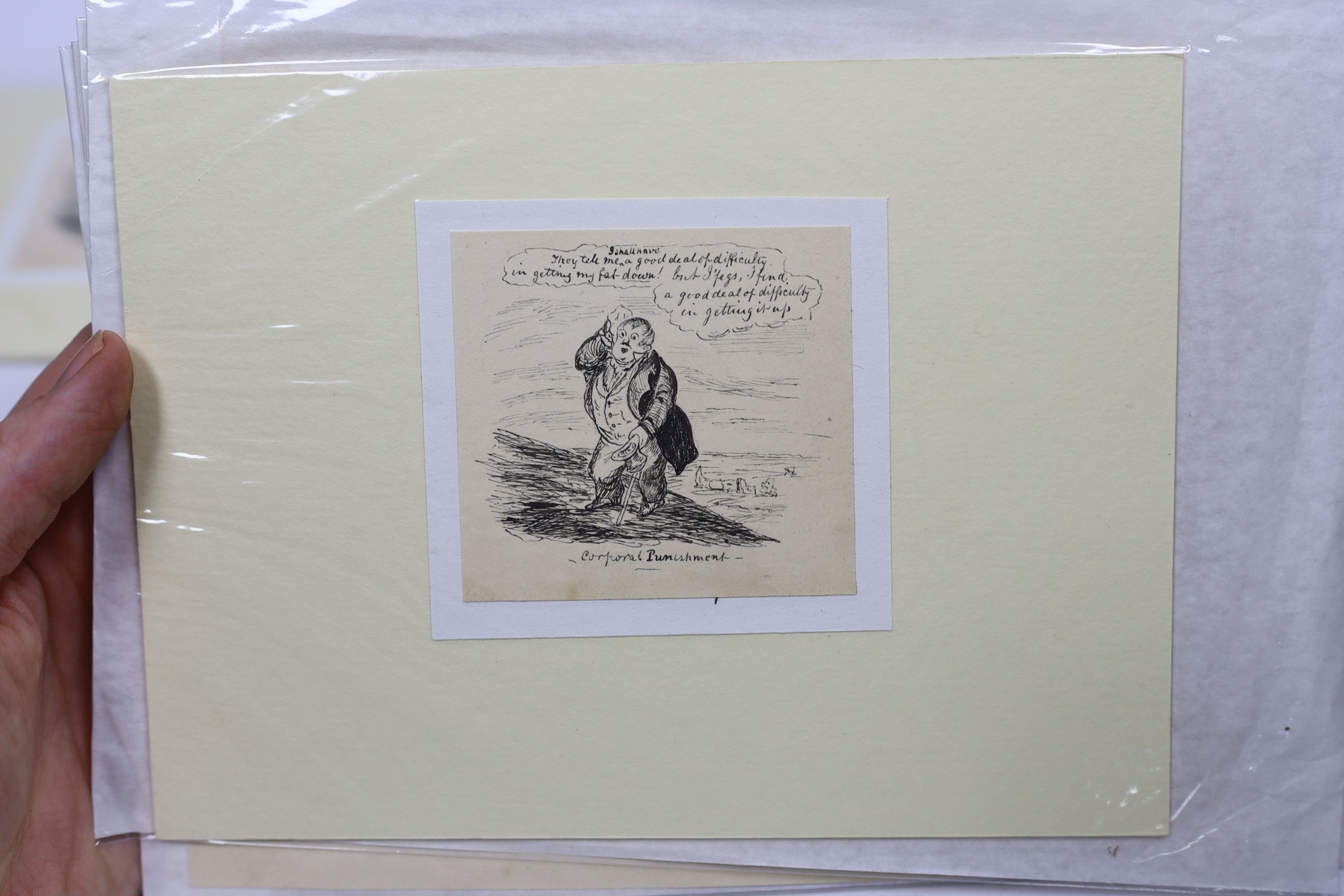W. Kewley, thirteen pen & ink sketches on paper/card, humorous caricatures including ‘The Better Half’, ‘A Drop of Comfort’ and ‘September Cockney Sportsmen, some signed, unframed, largest 17.5 x 21.5cm